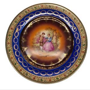 Vintage JKW German Cobalt Porcelain Decorative Plate Courting Couple Gold Trim